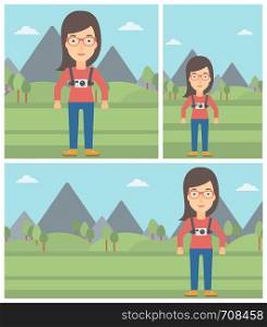 Young woman with a digital camera on her chest. Tourist with a digital camera standing on the background of mountains. Vector flat design illustration. Square, horizontal, vertical layouts.. Woman with camera on chest vector illustration.