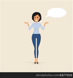 Young woman with a speech bubble on a background.Comic woman with speech bubble.Sexy girl.Woman making a presentation at office.Business executive delivering a presentation to her colleagues during meeting or in-house business training.Vector illustration.
