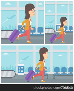 Young woman with a suitcase walking at the airport. Vector flat design illustration. Square, horizontal, vertical layouts.. Woman walking with suitcase at the airport.