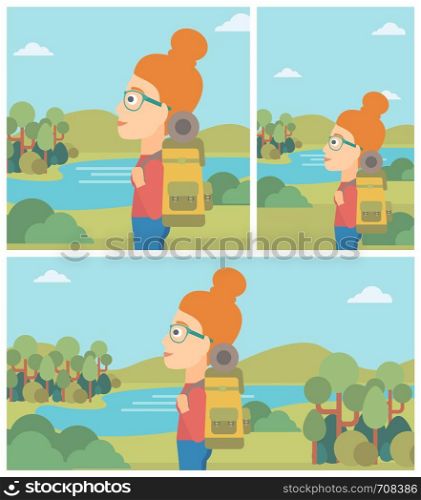 Young woman with backpack enjoying the view of landscape with mountains and lake. Vector flat design illustration. Square, horizontal, vertical layouts.. Woman with backpack hiking vector illustration.