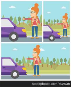 Young woman with backpack hitchhiking on roadside. Hitchhiking woman trying to stop a car on the road. Vector flat design illustration. Square, horizontal, vertical layouts.. Young woman hitchhiking vector illustration.