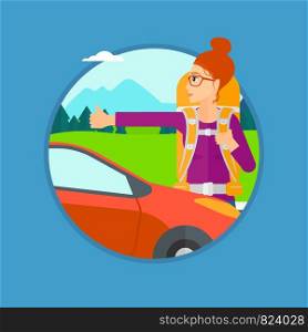 Young woman with backpack hitchhiking on roadside. Hitchhiking woman trying to stop a car on the road. Vector flat design illustration in the circle isolated on background.. Young woman hitchhiking.