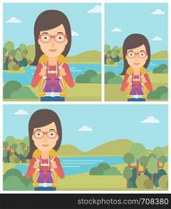 Young woman with backpack walking in the mountains. Female backpacker with binoculars. Female traveler hiking in mountains. Vector flat design illustration. Square, horizontal, vertical layouts.. Cheerful traveler with backpack.
