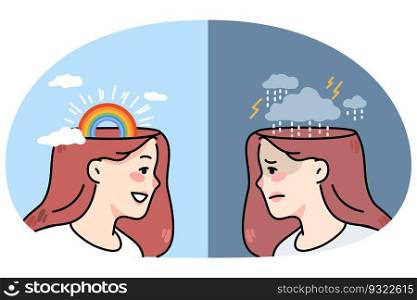 Young woman with bad mood and good mood. Unhappy and happy girl emotions. Concept of human emotional state and mindset. Flat vector illustration.. Woman with bad mood and good mood