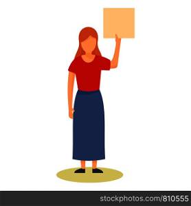 Young woman with banner icon. Flat illustration of young woman with banner vector icon for web design. Young woman with banner icon, flat style