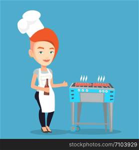 Young woman with bottle in hand cooking steak on gas barbecue grill and giving thumb up. Caucasian woman cooking steak on the barbecue grill outdoors. Vector flat design illustration. Square layout.. Woman cooking steak on barbecue grill.
