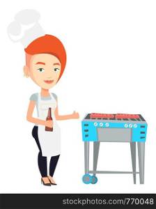 Young woman with bottle in hand cooking steak on gas barbecue grill and giving thumb up. Woman cooking steak on the barbecue grill outdoor. Vector flat design illustration isolated on white background. Woman cooking steak on barbecue grill.