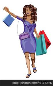 Young woman with brown curly hair in violet dress with shopping bags.