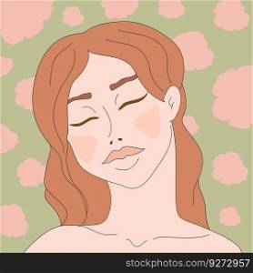 Young woman with closed eyes on a floral background. Hand drawn vector illustration