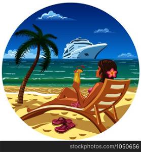 young woman with cocktail in lounge chair on a beach. woman on a beach