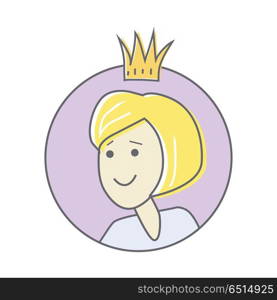 Young Woman with Crown on His Head Avatar Icon. Young woman with crown on his head avatar icon. Young blonde woman. Queen icon. Social networks business private users avatar pictogram. Round line icon. Isolated illustration on white background.