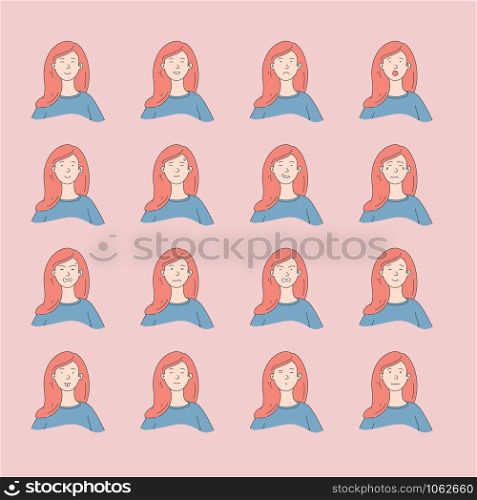 Young woman with different facial expressions.Young girl smiling, happy, kind, unhappy face character.Set of woman emotions.Facial expression.Lifestyle concept.Vector design illustrations.
