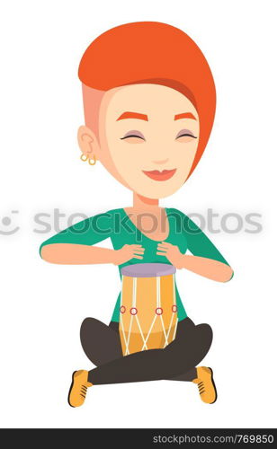 Young woman with eyes closed playing ethnic drum. Caucasian musician playing ethnic drum. Woman playing ethnic music on tom-tom. Vector flat design illustration isolated on white background.. Woman playing ethnic drum vector illustration.