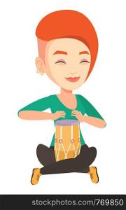 Young woman with eyes closed playing ethnic drum. Caucasian musician playing ethnic drum. Woman playing ethnic music on tom-tom. Vector flat design illustration isolated on white background.. Woman playing ethnic drum vector illustration.