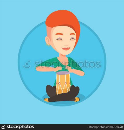 Young woman with eyes closed playing ethnic drum. Caucasian musician playing ethnic drum. Woman playing ethnic music on tom-tom. Vector flat design illustration in the circle isolated on background.. Woman playing ethnic drum vector illustration.