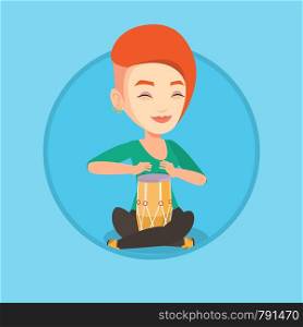 Young woman with eyes closed playing ethnic drum. Caucasian musician playing ethnic drum. Woman playing ethnic music on tom-tom. Vector flat design illustration in the circle isolated on background.. Woman playing ethnic drum vector illustration.