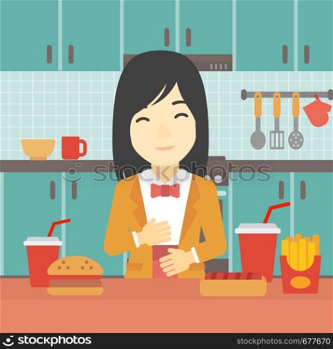 Young woman with eyes closed touching her tummy. Satisfied woman had the best ingestion. Woman standing in front of table with fast food in the kitchen. Vector flat design illustration. Square layout.. Satisfied woman eating fast food.