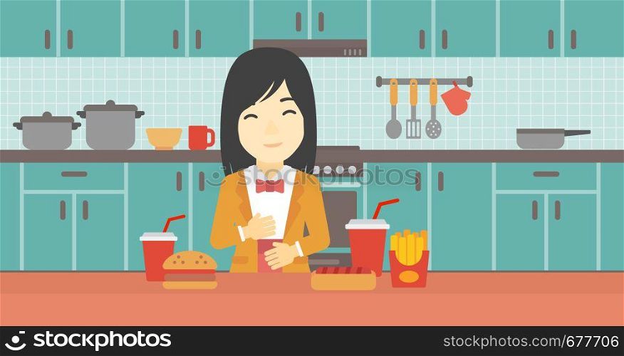 Young woman with eyes closed touching her tummy. Satisfied woman had the best ingestion. Woman standing in front of table with fast food in the kitchen. Vector flat design illustration. Horizontal layout.. Satisfied woman eating fast food.