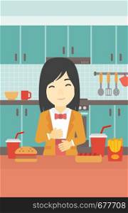 Young woman with eyes closed touching her tummy. Satisfied woman had the best ingestion. Woman standing in front of table with fast food in the kitchen. Vector flat design illustration. Vertical layout.. Satisfied woman eating fast food.