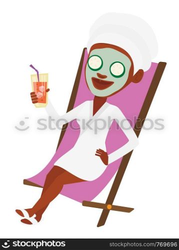 Young woman with face mask and towel on her head lying in beauty salon. Woman relaxing in beauty salon. Woman having beauty treatments. Vector flat design illustration isolated on white background.. Woman getting beauty treatments in the salon.