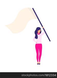 Young woman with flag semi flat color vector character. Full body person on white. Social movement activist isolated modern cartoon style illustration for graphic design and animation. Young woman with flag semi flat color vector character