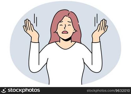 Young woman with hands raised up praying. Religious spiritual female ask for forgiveness. Faith and religion. Vector illustration.. Young woman with hands raised praying