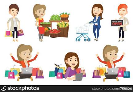 Young woman with hands up using laptop for shopping online. Woman sitting with shopping bags around her and doing online shopping. Set of vector flat design illustrations isolated on white background.. Vector set of shopping people characters.