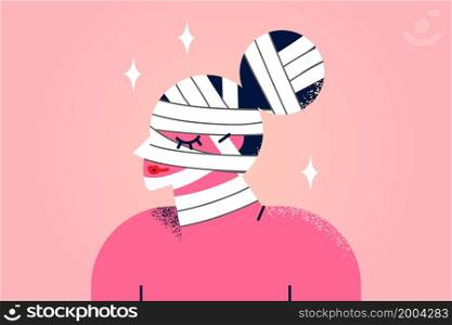 Young woman with head in bandages after cosmetic plastic surgery. Female patient or client of aesthetic medicine clinic rehabilitation process. Beauty and medication concept. Vector illustration.. Woman with head in bandages after cosmetic surgery