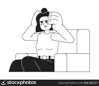 Young woman with headache sitting monochromatic flat vector character. Frustrated millennial in armchair. Editable thin line person on white. Simple bw cartoon spot image for web graphic design. Young woman with headache sitting monochromatic flat vector character