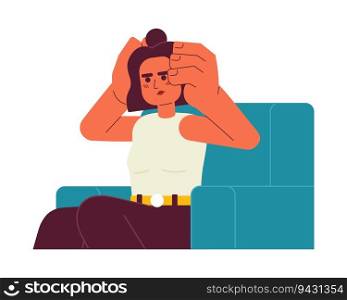 Young woman with headache sitting semi flat color vector character. Frustrated millennial in armchair. Editable half body person on white. Simple cartoon spot illustration for web graphic design. Young woman with headache sitting semi flat color vector character