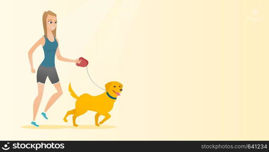 Young woman with her dog. Happy woman taking dog on walk. Caucasian woman walking with her small dog. Smiling woman walking a dog on leash. Vector flat design illustration. Horizontal layout.. Young woman walking with her dog.