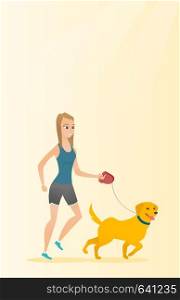 Young woman with her dog. Happy woman taking dog on walk. Caucasian woman walking with her small dog. Smiling woman walking a dog on leash. Vector flat design illustration. Vertical layout.. Young woman walking with her dog.