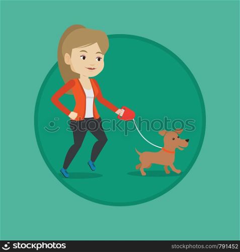 Young woman with her dog. Happy woman taking dog on walk. Caucasian woman walking with her small dog. Vector flat design illustration in the circle isolated on background.. Young woman walking with her dog.