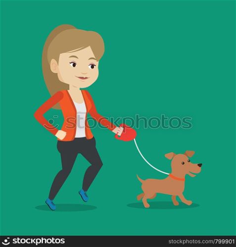 Young woman with her dog. Happy woman taking dog on walk. Caucasian woman walking with her small dog. Vector flat design illustration. Square layout.. Young woman walking with her dog.