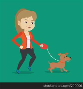 Young woman with her dog. Happy woman taking dog on walk. Caucasian woman walking with her small dog. Vector flat design illustration. Square layout.. Young woman walking with her dog.