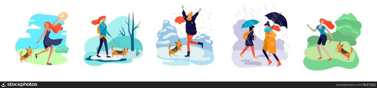 Young woman with her dog in various weather conditions. Girl in seasonal clothes and enjoys walking on street in rain, snowfall, summer heat. Colorful vector cartoon illustration. Young woman with her dog in various weather conditions. Girl in seasonal clothes and enjoys walking on street in rain, snowfall, summer heat