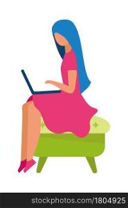 Young woman with laptop semi flat color vector character. Full body person on white. Comfortable working environment isolated modern cartoon style illustration for graphic design and animation. Young woman with laptop semi flat color vector character