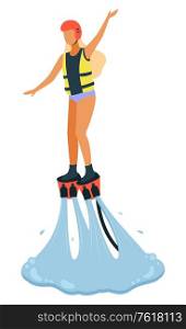Young woman with long blonde hair wearing life vest and helmet flyboarding. New spectacular extreme water sports. Seaside leisure, beach and recreation vector. Woman Wearing Life Jacket and Helmet Flyboarding