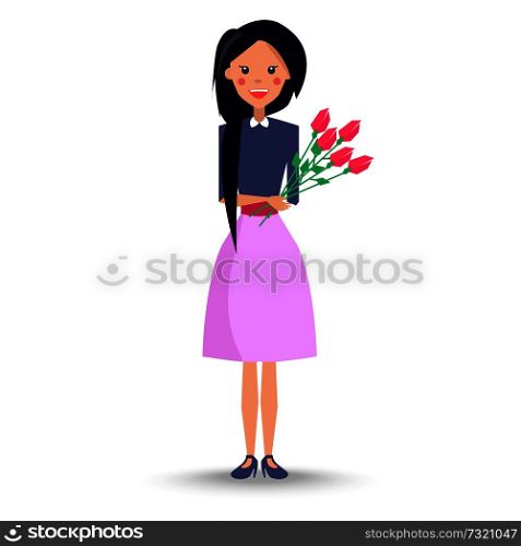 Young woman with long hair in blue blouse and purple skirt stands and holds bouquet of roses vector illustration in flat style. Young Woman with Bouquet of Roses Illustration