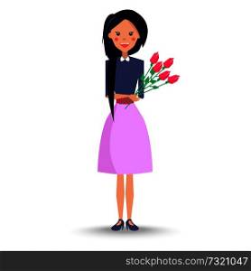 Young woman with long hair in blue blouse and purple skirt stands and holds bouquet of roses vector illustration in flat style. Young Woman with Bouquet of Roses Illustration