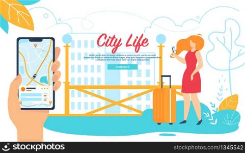 Young Woman with Luggage Calling for Ordering Taxi Driver. Customer Character Waiting Car Outdoors. Hand with App for Auto Order on Phone. City Life Cartoon Flat Vector Illustration, Horizontal Banner. Woman Stand on Street Calling for Ordering Taxi