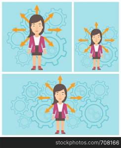 Young woman with many arrows around her head standing on a blue background with cogwheels. Concept of career choices. Vector flat design illustration. Square, horizontal, vertical layouts.. Woman choosing career way.