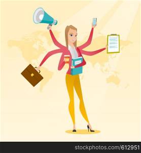 Young woman with many legs and hands coping with multitasking. Business woman doing multiple tasks. Multitasking business person. Multitasking concept. Vector flat design illustration. Square layout.. Woman coping with multitasking.