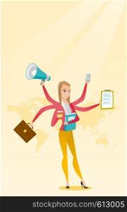 Young woman with many legs and hands coping with multitasking. Business woman doing multiple tasks. Multitasking business person. Multitasking concept. Vector flat design illustration. Vertical layout. Woman coping with multitasking.