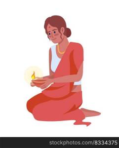 Young woman with oil l&on Diwali semi flat color vector character. Editable figure. Full body person on white. Indian culture simple cartoon style illustration for web graphic design and animation. Young woman with oil l&on Diwali semi flat color vector character
