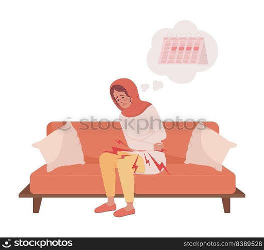 Young woman with painful periods semi flat color vector character. Editable figure. Full body person on white. Dysmenorrhea simple cartoon style illustration for web graphic design and animation. Young woman with painful periods semi flat color vector character