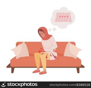 Young woman with painful periods semi flat color vector character. Editable figure. Full body person on white. Dysmenorrhea simple cartoon style illustration for web graphic design and animation. Young woman with painful periods semi flat color vector character
