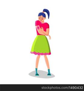 Young Woman With Rash On Hand Vector. Sad Girl With Allergic Rash On Arm. Dermatology Red Skin Disease Itch Cause Due To Allergies To Creams Or Air Flat Cartoon Illustration. Young Woman With Rash On Hand Character Vector
