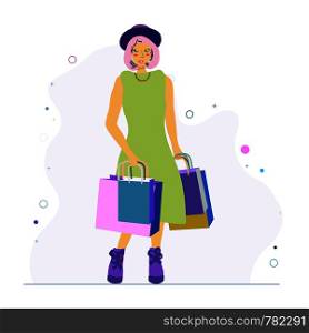 Young woman with shopping bags wearing trendy shell necklace. Jewellery models. . Young woman with shopping bags wearing trendy shell necklace.