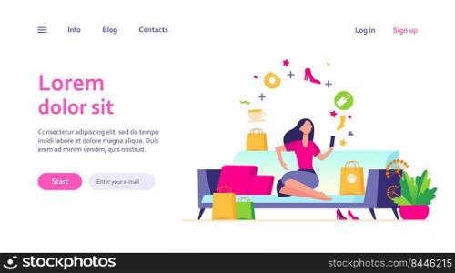 Young woman with smartphone choosing goods isolated flat vector illustration. Cartoon girl ordering food and clothes in online store. Delivery and ecommerce concept